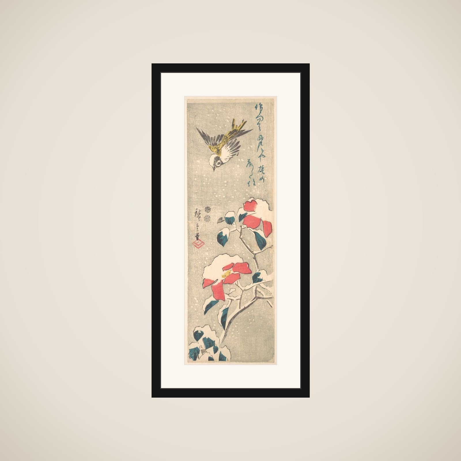 Sparrow and Snow-covered Camellia (Tsubaki) framed