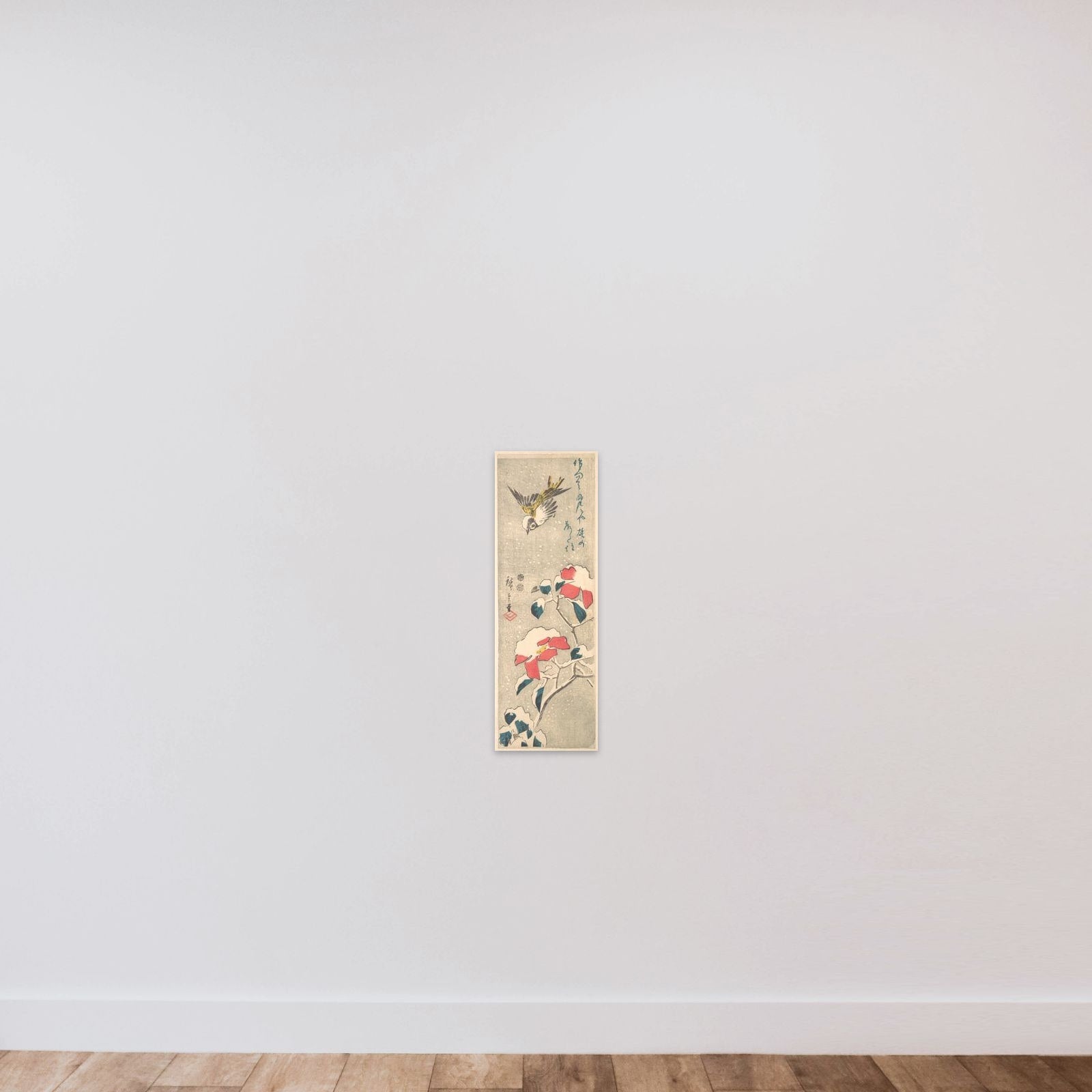 Sparrow and Snow-covered Camellia (Tsubaki) unframed — shown to scale
