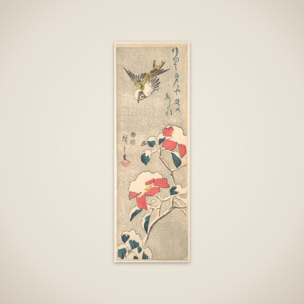 Sparrow and Snow-covered Camellia (Tsubaki) unframed print