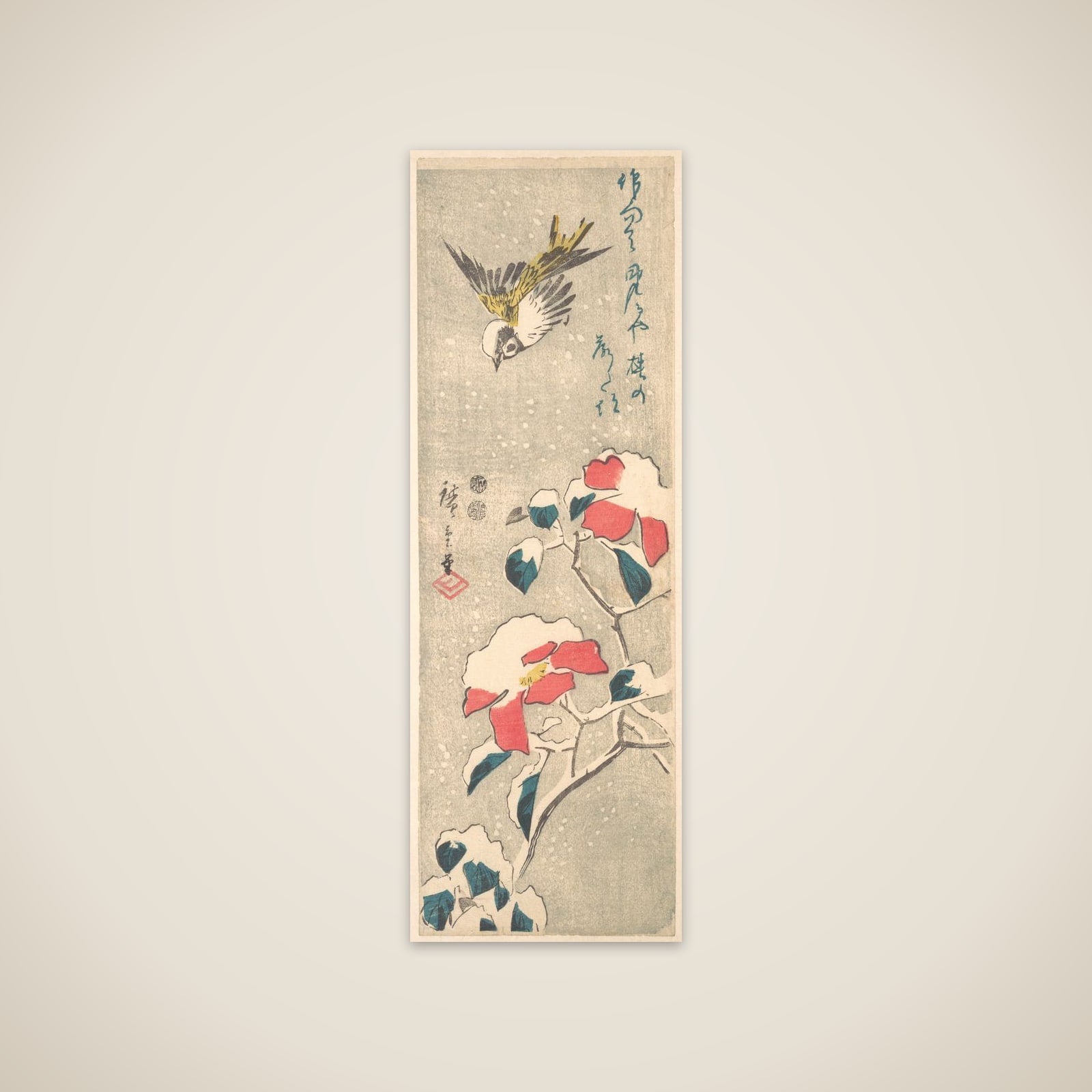 Sparrow and Snow-covered Camellia (Tsubaki) unframed print
