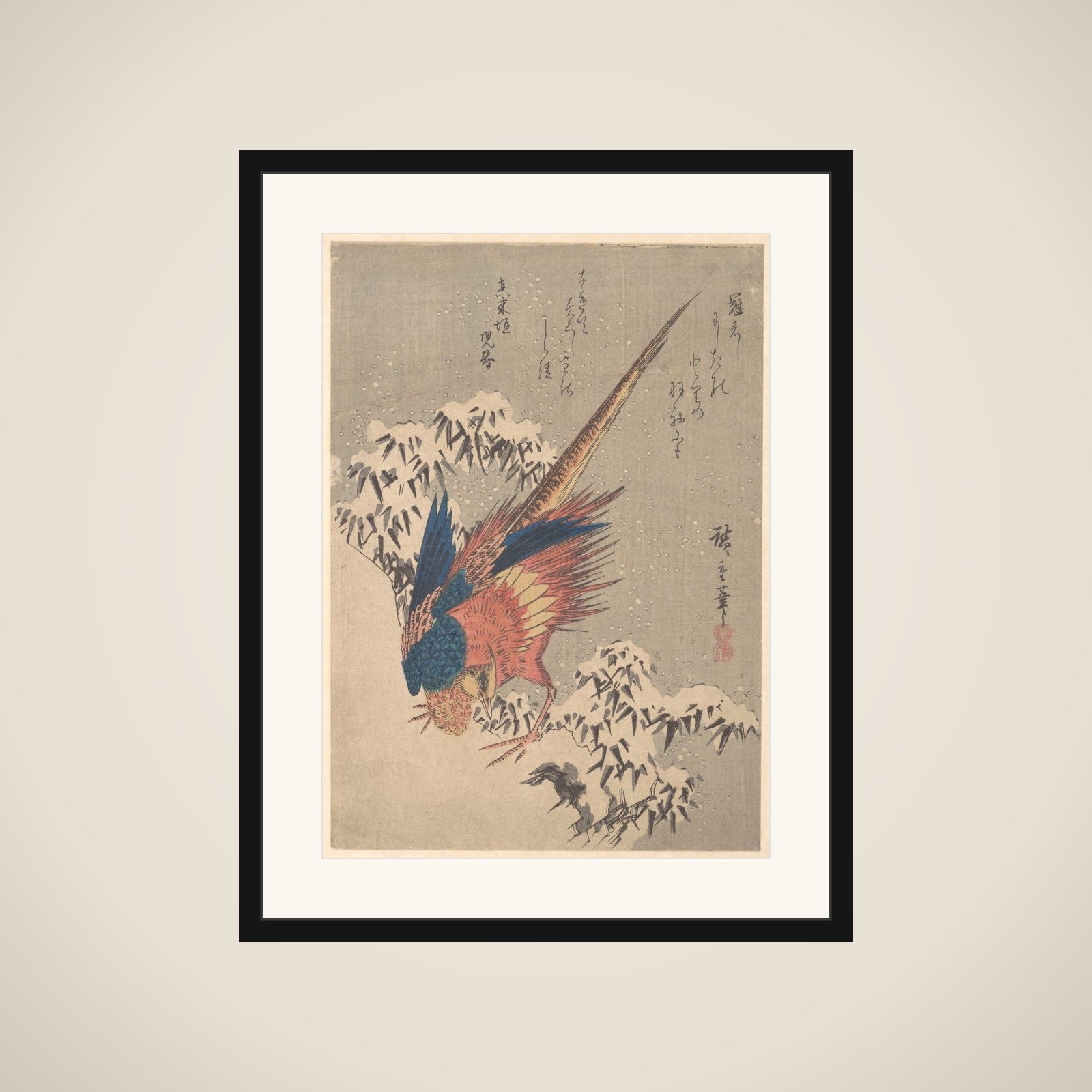 Pheasant Among Snow–laden Bamboo on Hillside framed
