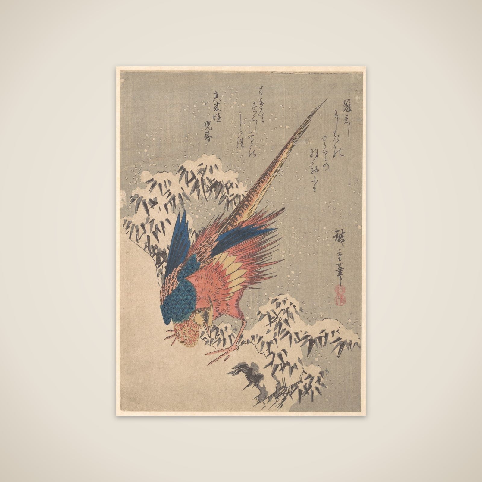 Pheasant Among Snow–laden Bamboo on Hillside unframed print