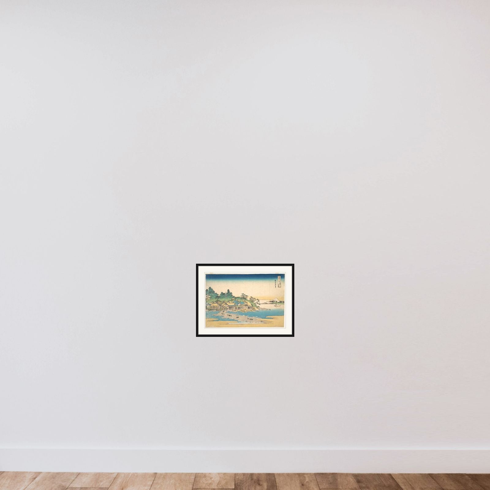 Enoshima in Sagami Province (Sōshū Enoshima), from the series Thirty-six Views of Mount Fuji (Fugaku sanjūrokkei) framed — shown to scale