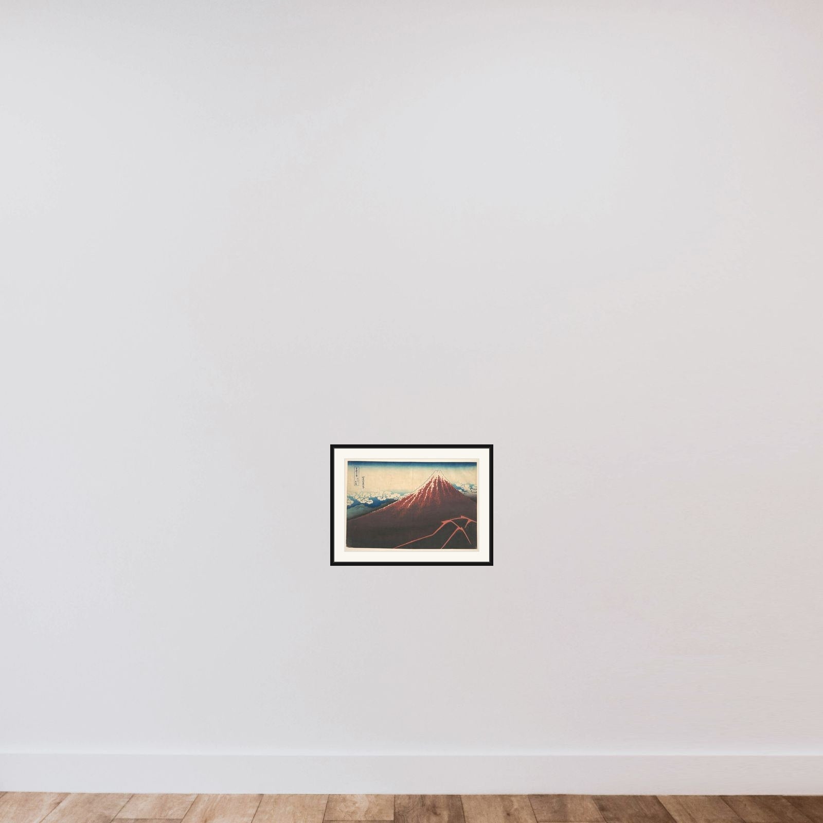 Storm below Mount Fuji (Sanka no haku u), from the series Thirty-six Views of Mount Fuji (Fugaku sanjūrokkei) framed — shown to scale