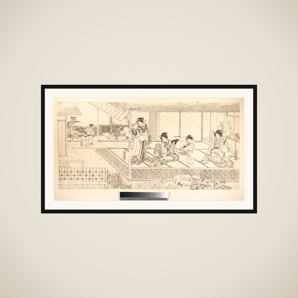 Two Court Ladies (Goten Jochu) and a Geisha at a Restaurant framed