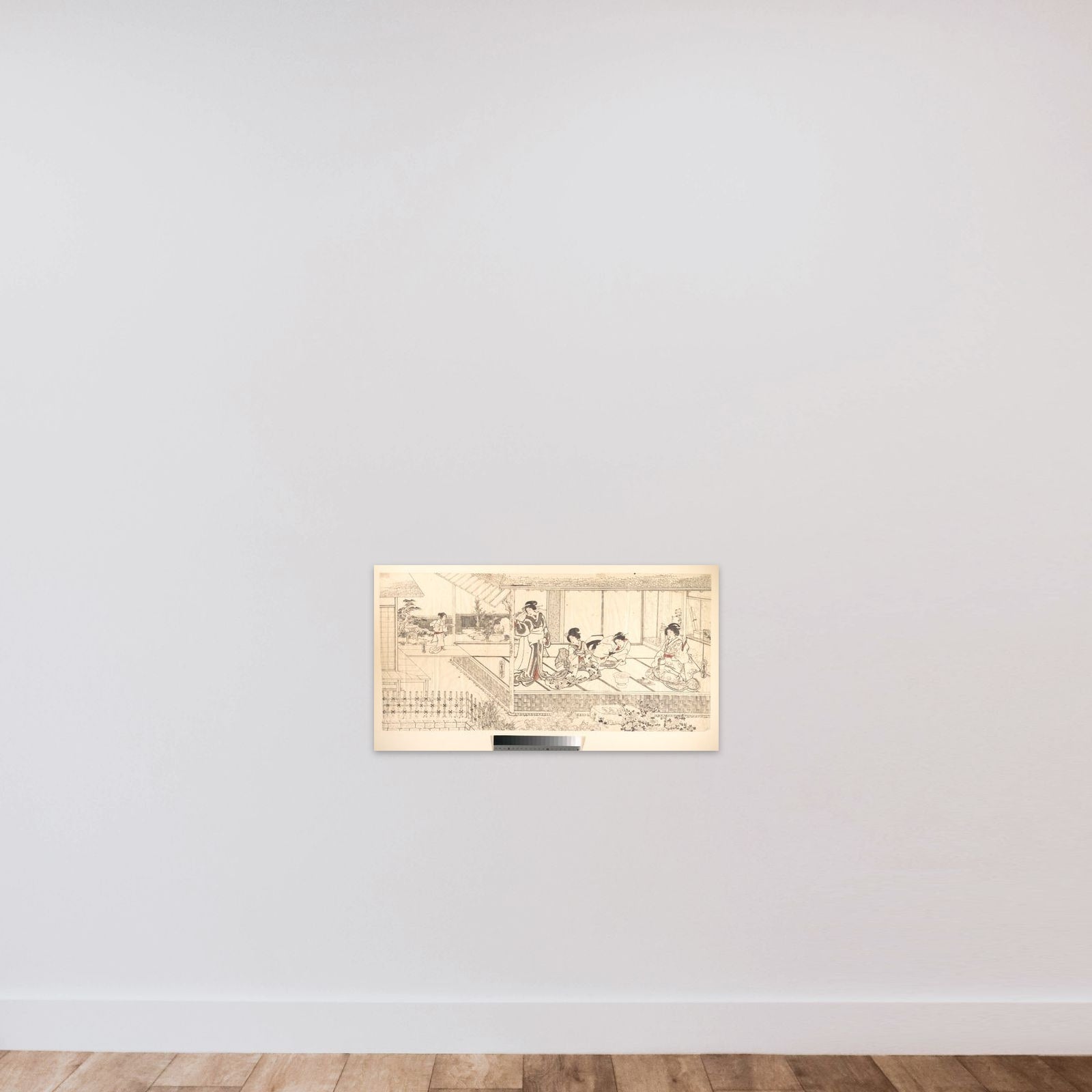 Two Court Ladies (Goten Jochu) and a Geisha at a Restaurant unframed — shown to scale