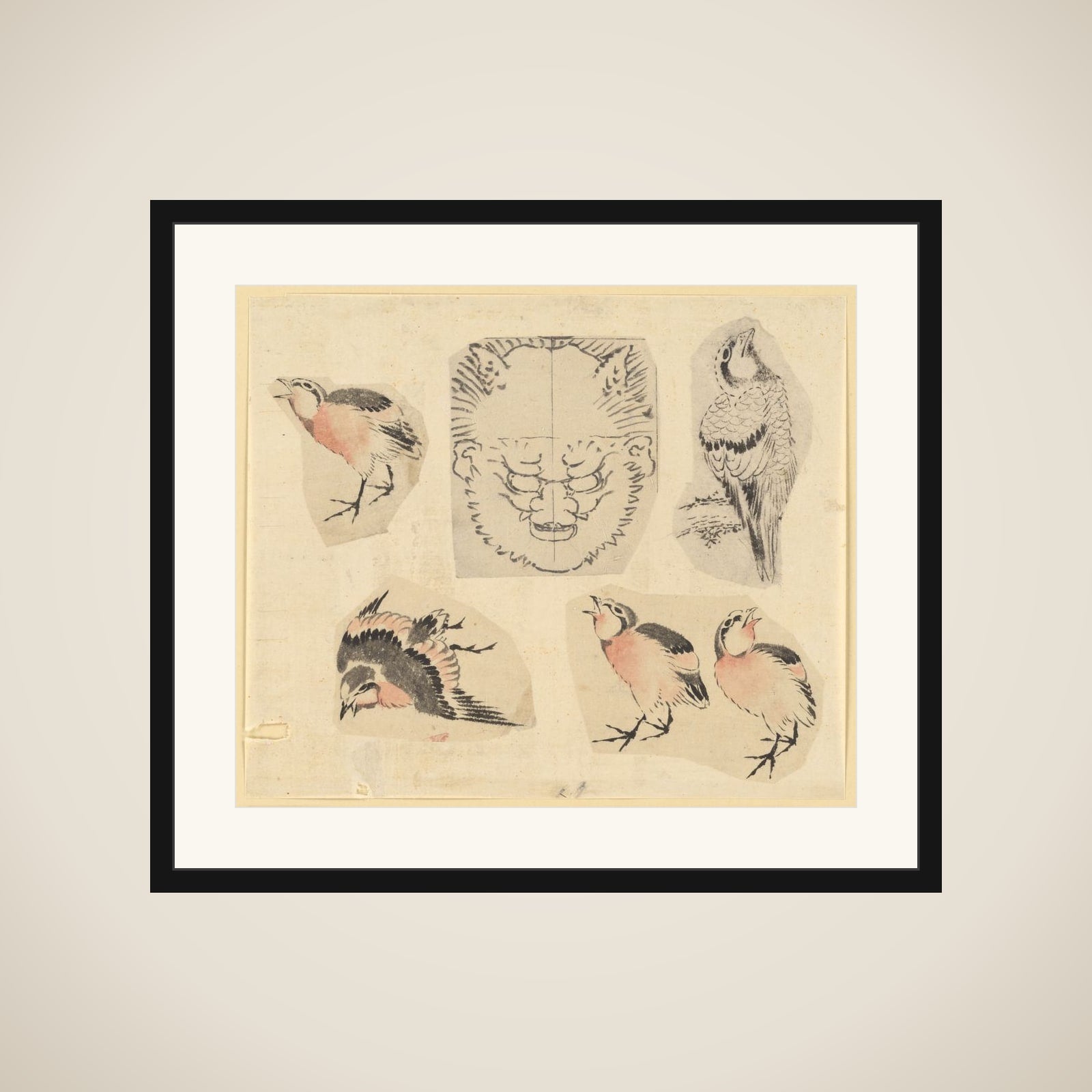 Four sketches of birds and one design for a grotesque mask, mounted together framed