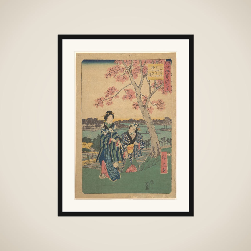Plum-blossom viewing in the third month at Sumida River from the series  Annual Events at Famous Places in the Eastern Capital  (Tōto meisho nenjū gyōji sangatsu sumitagawa waka mōde) framed