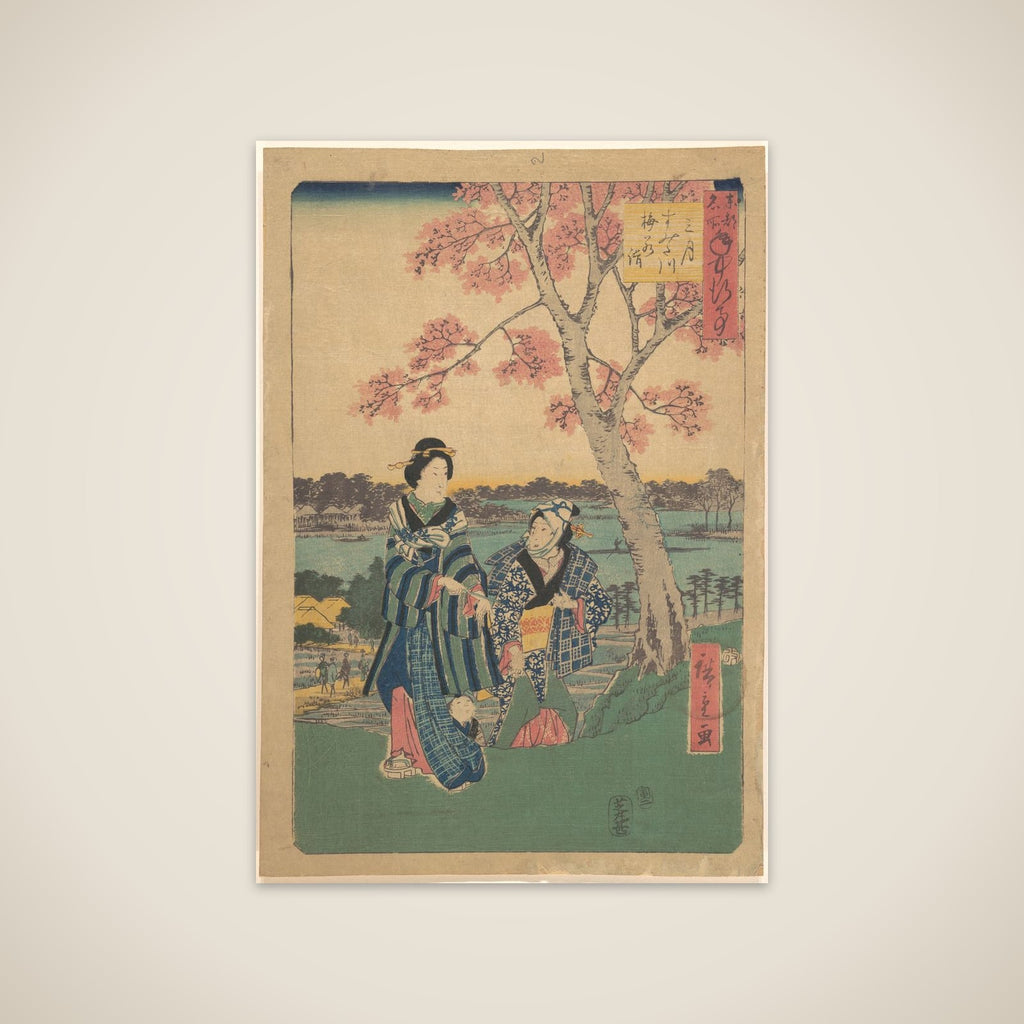 Plum-blossom viewing in the third month at Sumida River from the series  Annual Events at Famous Places in the Eastern Capital  (Tōto meisho nenjū gyōji sangatsu sumitagawa waka mōde) unframed print