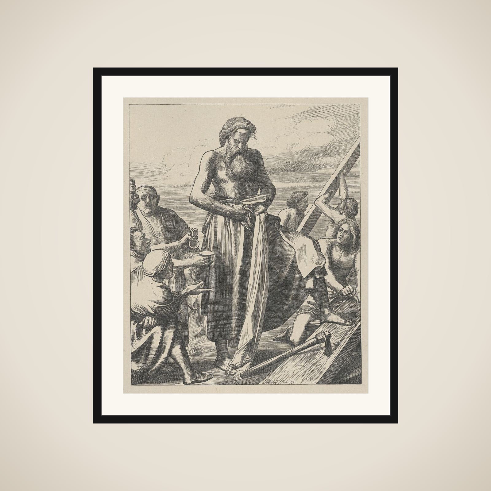 Noah Building the Ark, from "Dalziels' Bible Gallery" framed