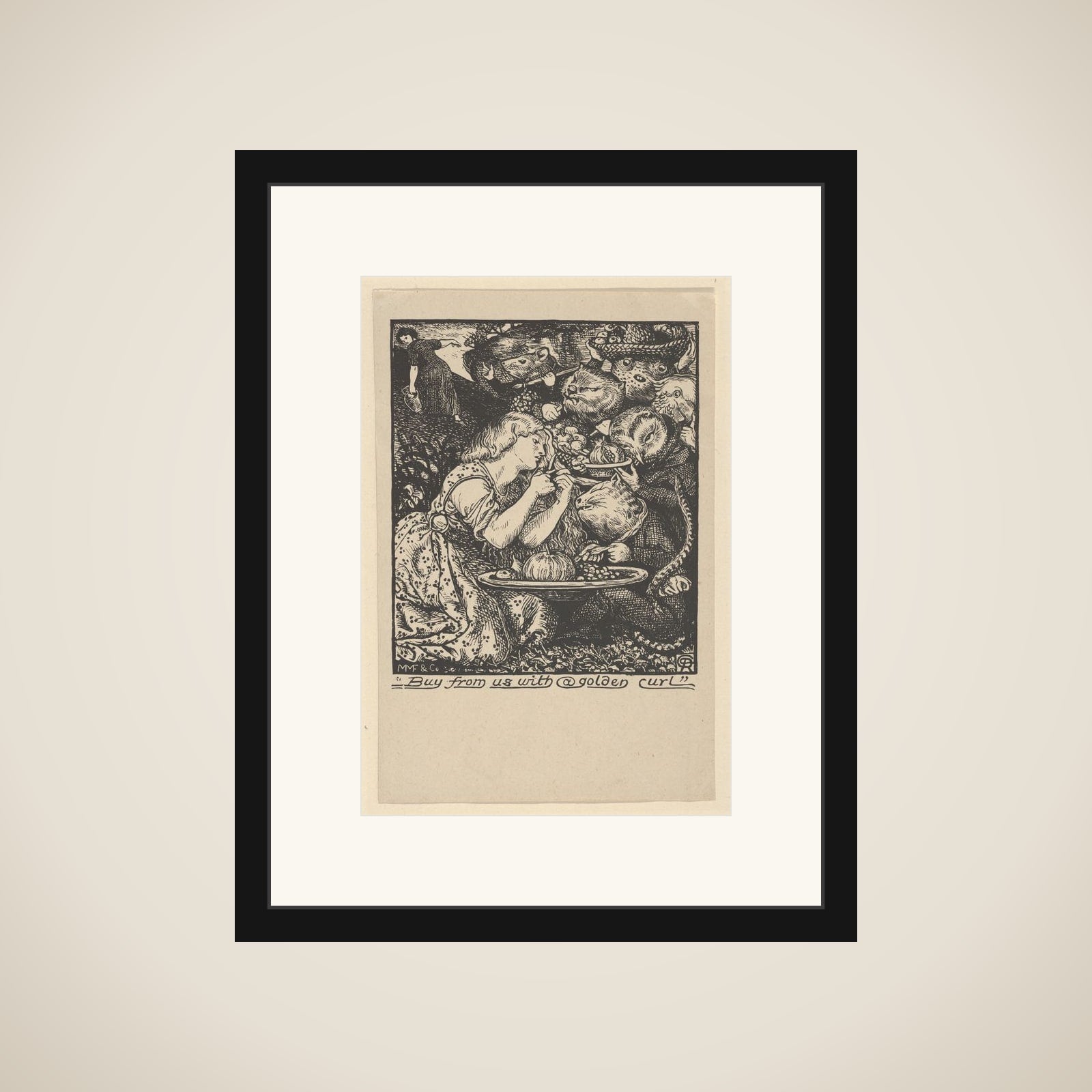 Buy from Us with a Golden Curl (frontispiece to "Goblin Market and other Poems" by Christina Rossetti) framed