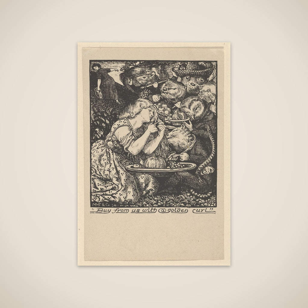 Buy from Us with a Golden Curl (frontispiece to "Goblin Market and other Poems" by Christina Rossetti) unframed print