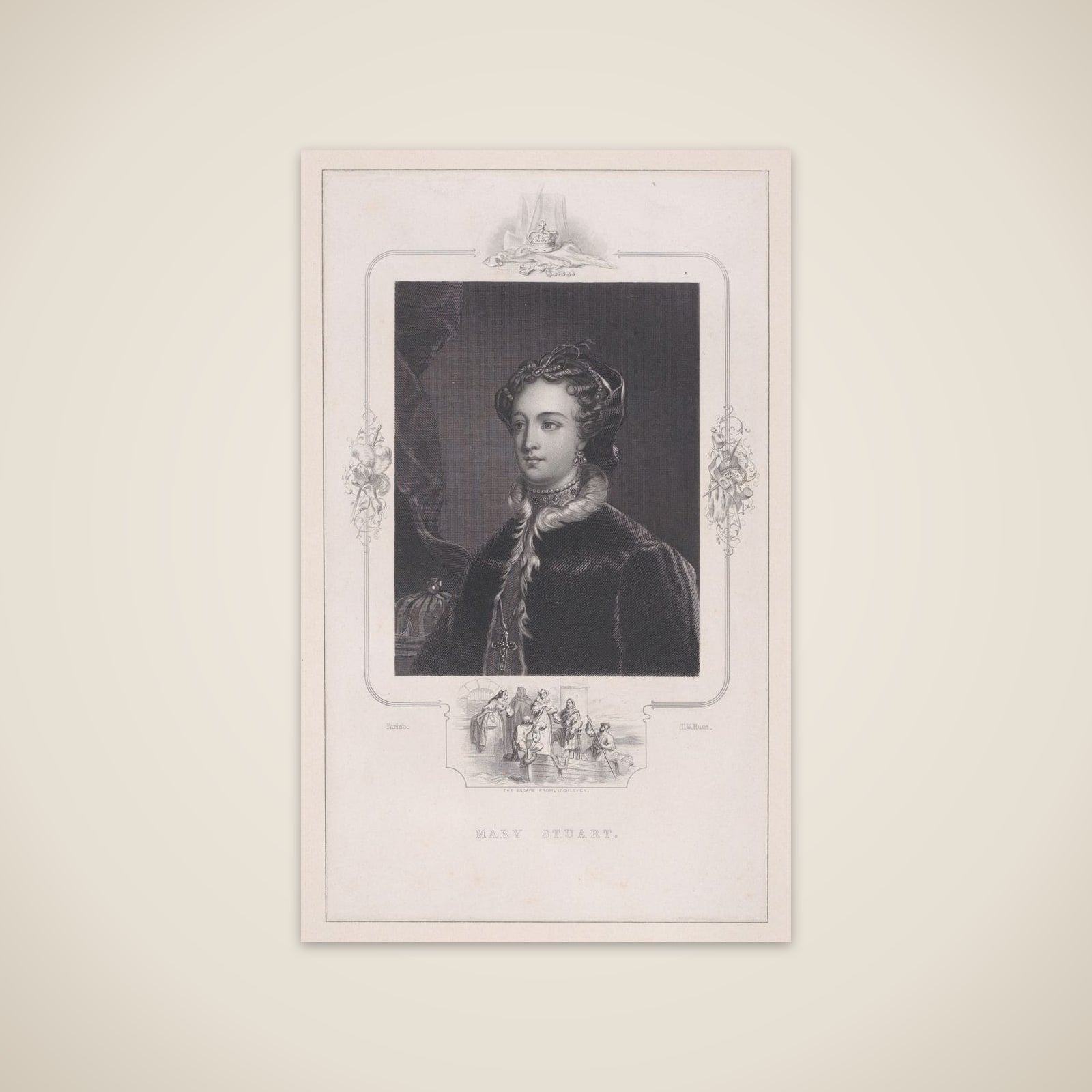 Mary, Queen of Scots, with scene of her escape from Loch Leven Castle unframed print
