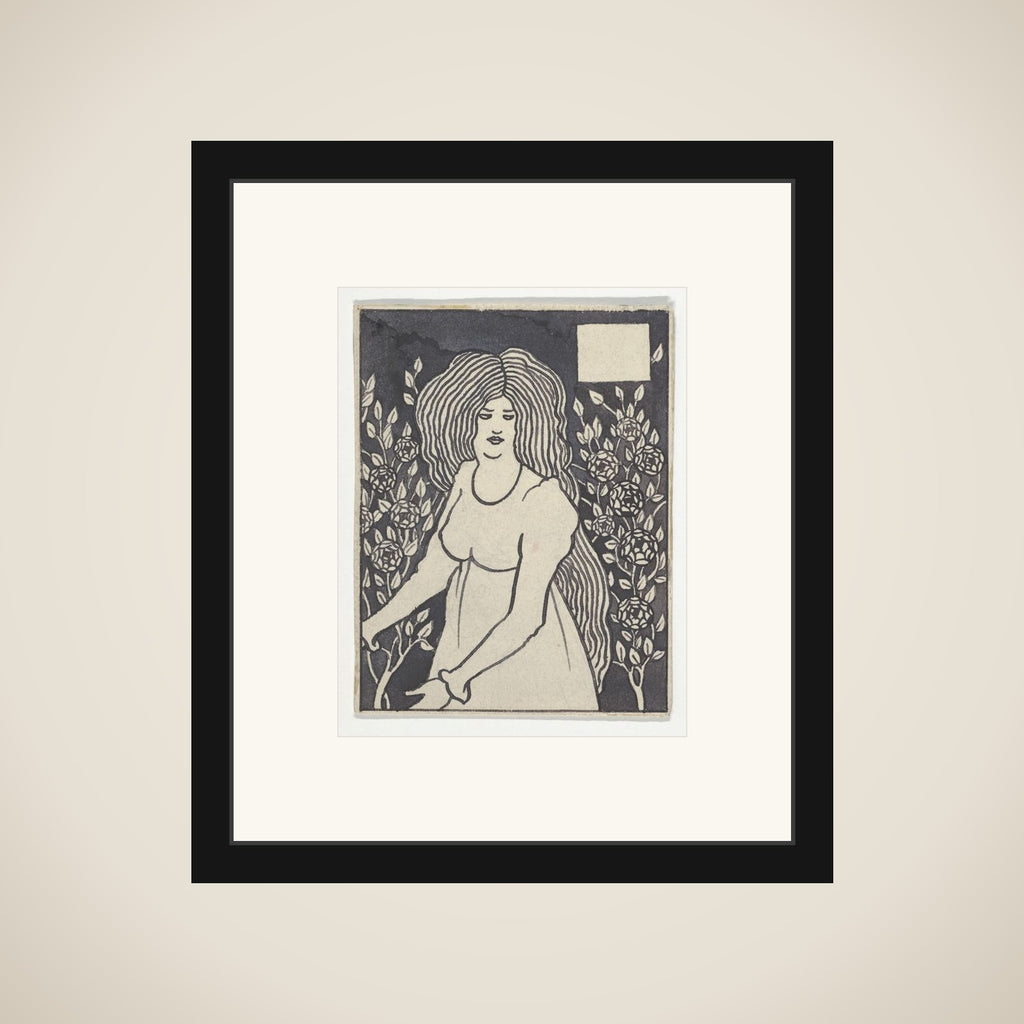 Long-haired Woman in Front of Tall Rosebushes (Chapter Heading, "Le Morte d'Arthur," J. M. Dent, 1893–4, Part IX, book xiii, chapter viii, p. 700, and Part XII, book xxi, chapter viii, p. 972) framed