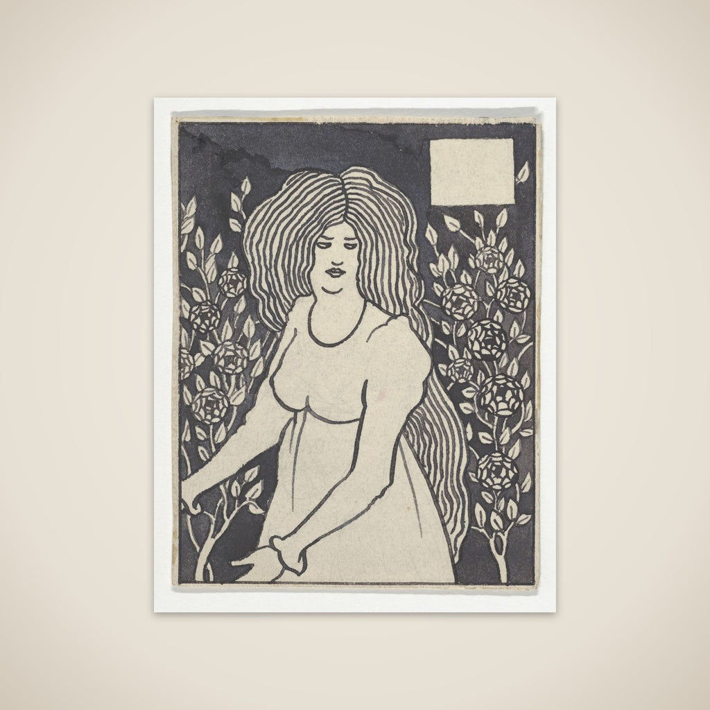 Long-haired Woman in Front of Tall Rosebushes (Chapter Heading, "Le Morte d'Arthur," J. M. Dent, 1893–4, Part IX, book xiii, chapter viii, p. 700, and Part XII, book xxi, chapter viii, p. 972) unframed print