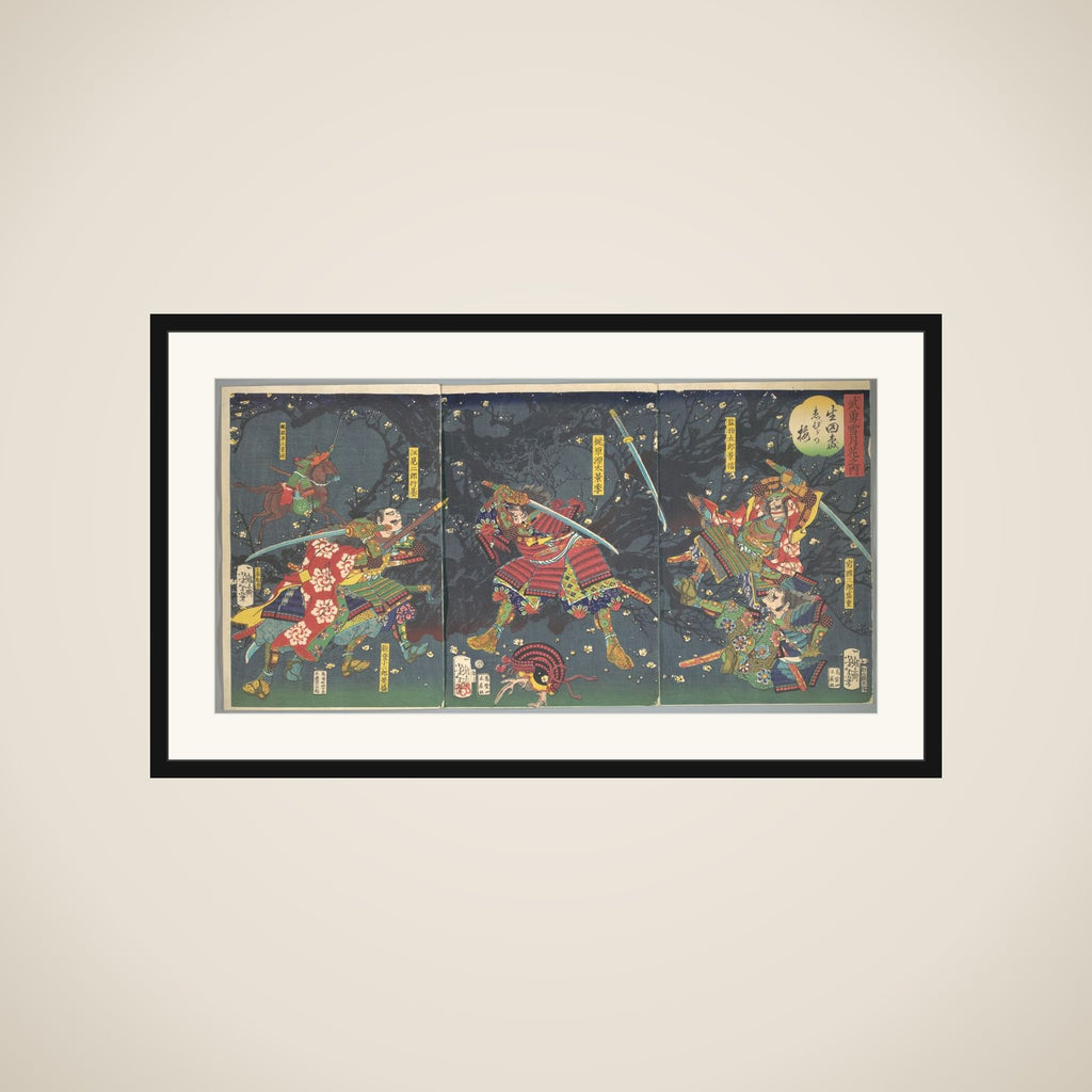 Plum Blossoms in the Forrest of Ikuta, from the series Bravery-Beauty of the four seasons (Buyū setsugekka no uchi-Ikuta no mori, Ebira no ume) framed