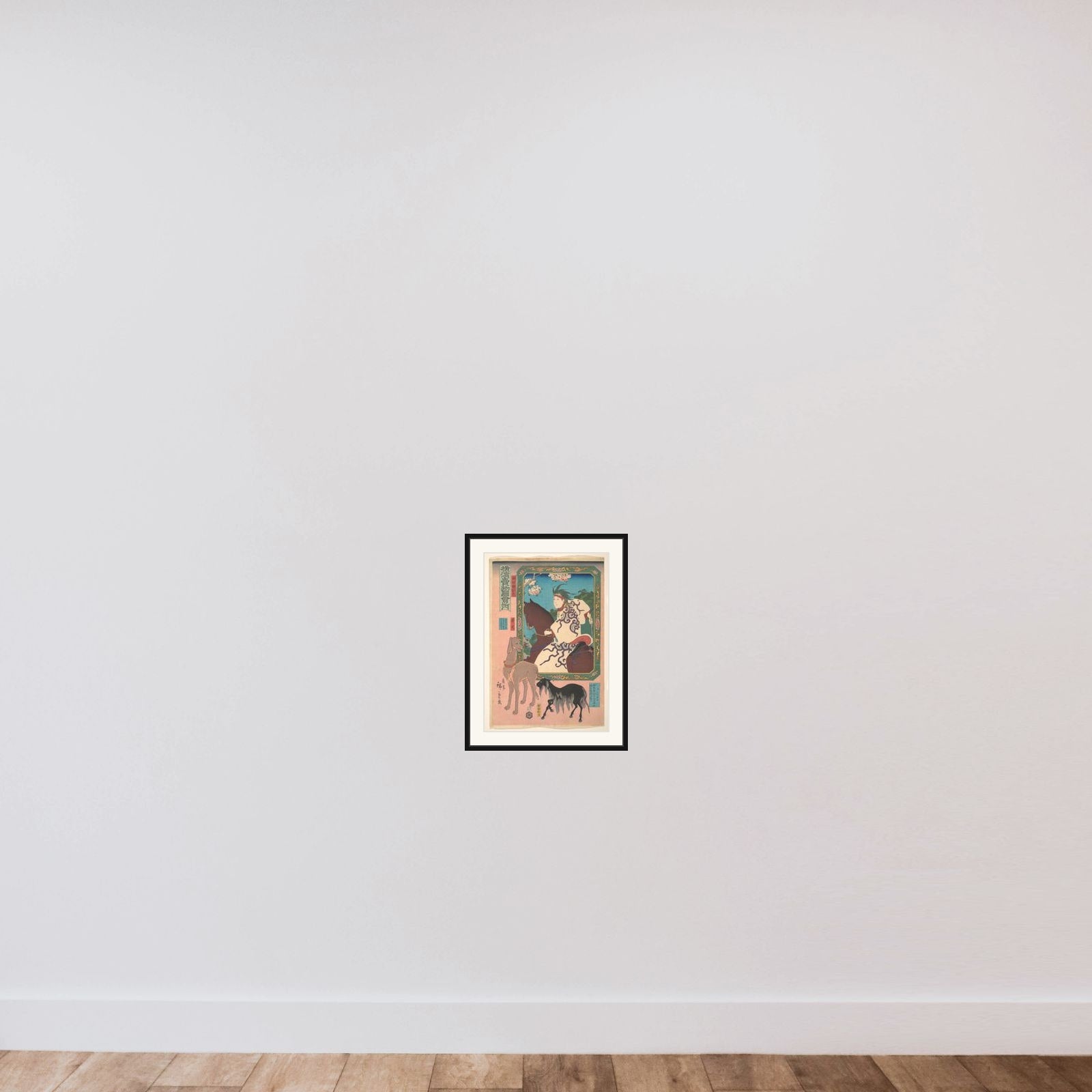 Copper Plate Engraving of a Woman Riding a Horse, a Goat and a Dog framed — shown to scale