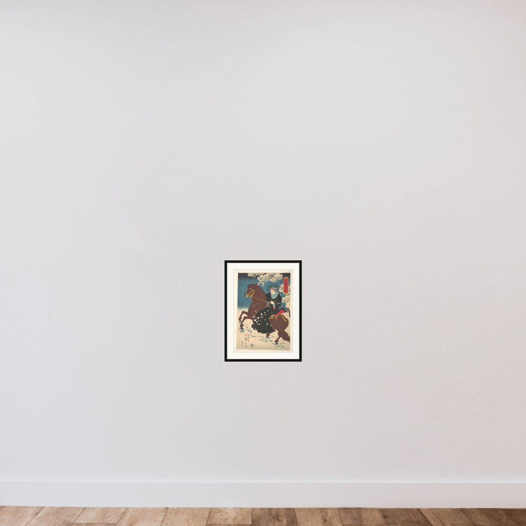 “America”: A Native American Woman on Horseback in the Snow framed — shown to scale