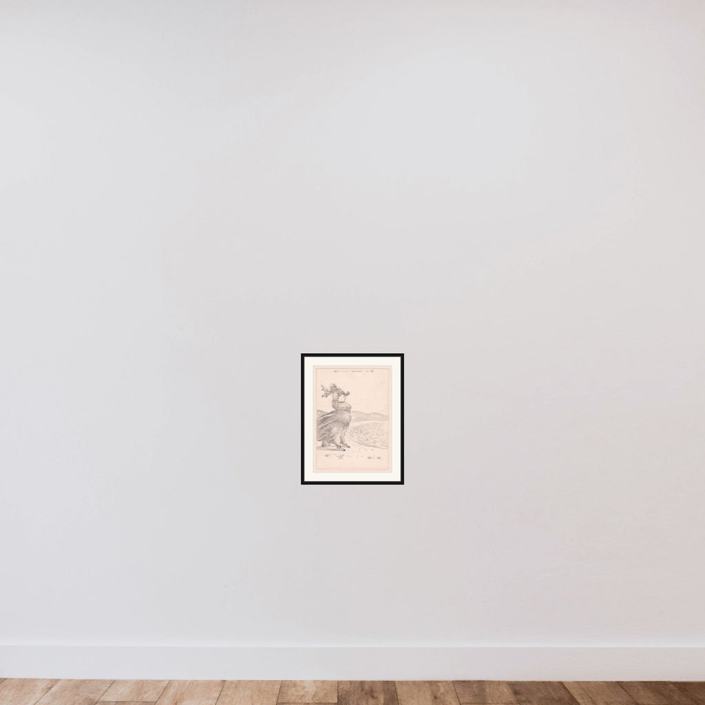 Caricature of a windblown woman on the beach at Rottingdean, Sussex framed — shown to scale