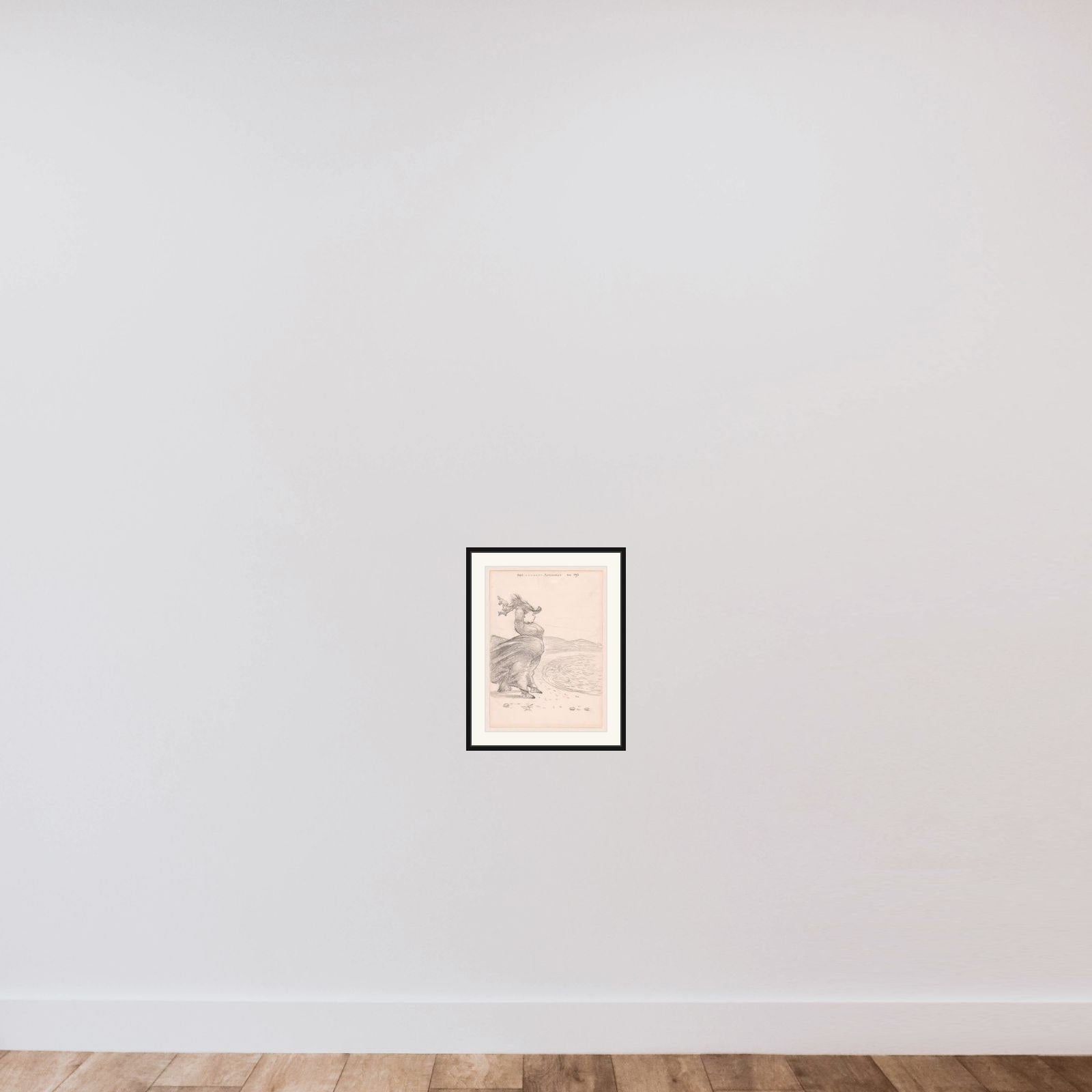 Caricature of a windblown woman on the beach at Rottingdean, Sussex framed — shown to scale