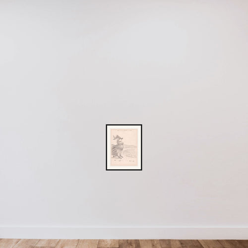 Caricature of a windblown woman on the beach at Rottingdean, Sussex framed — shown to scale