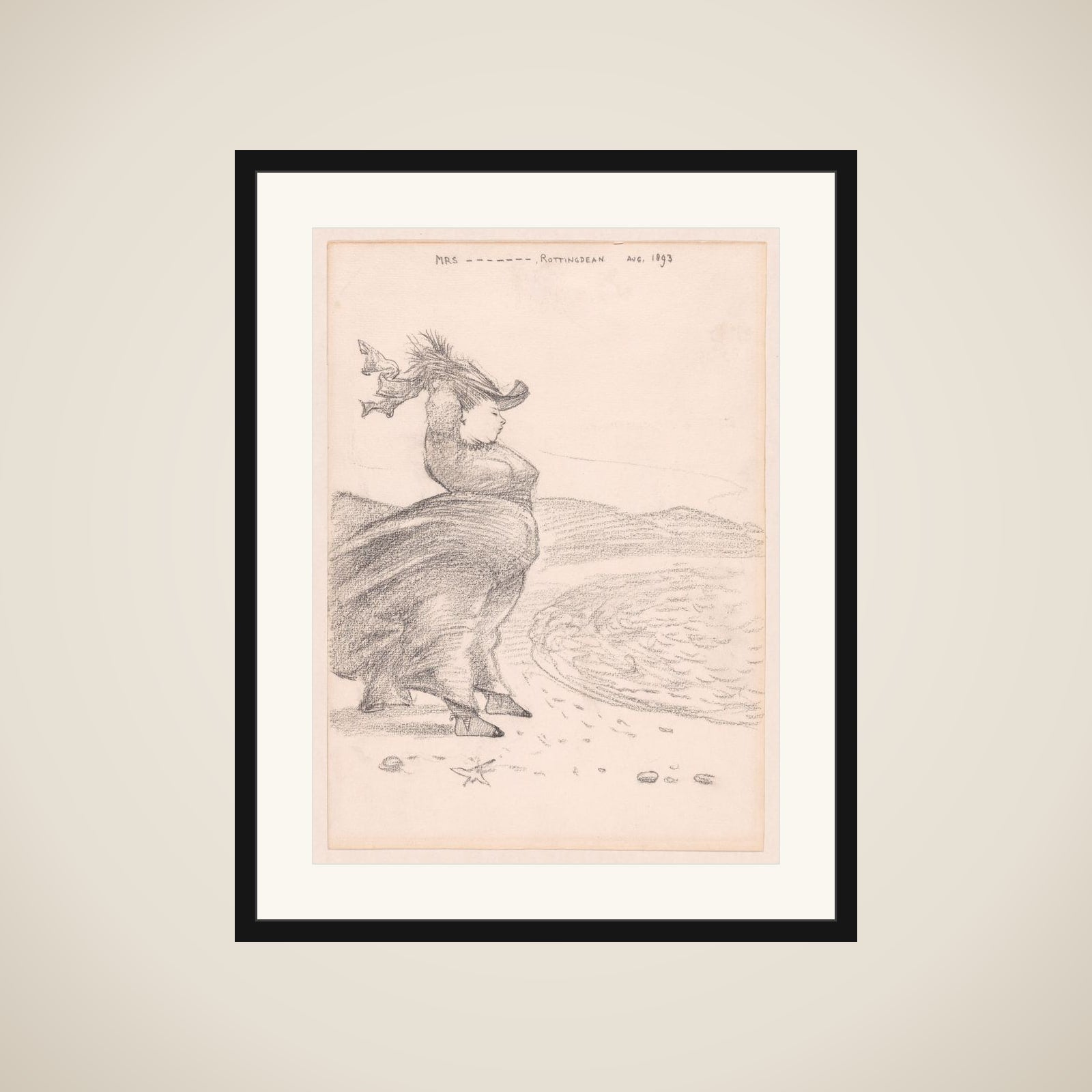 Caricature of a windblown woman on the beach at Rottingdean, Sussex framed