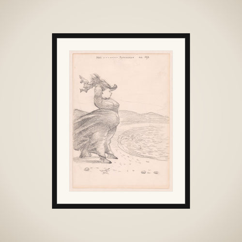 Caricature of a windblown woman on the beach at Rottingdean, Sussex framed