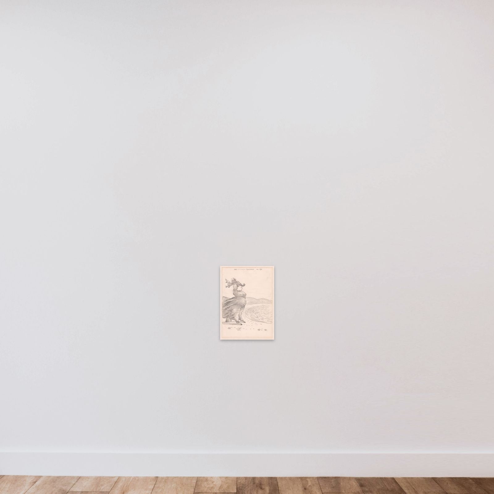 Caricature of a windblown woman on the beach at Rottingdean, Sussex unframed — shown to scale