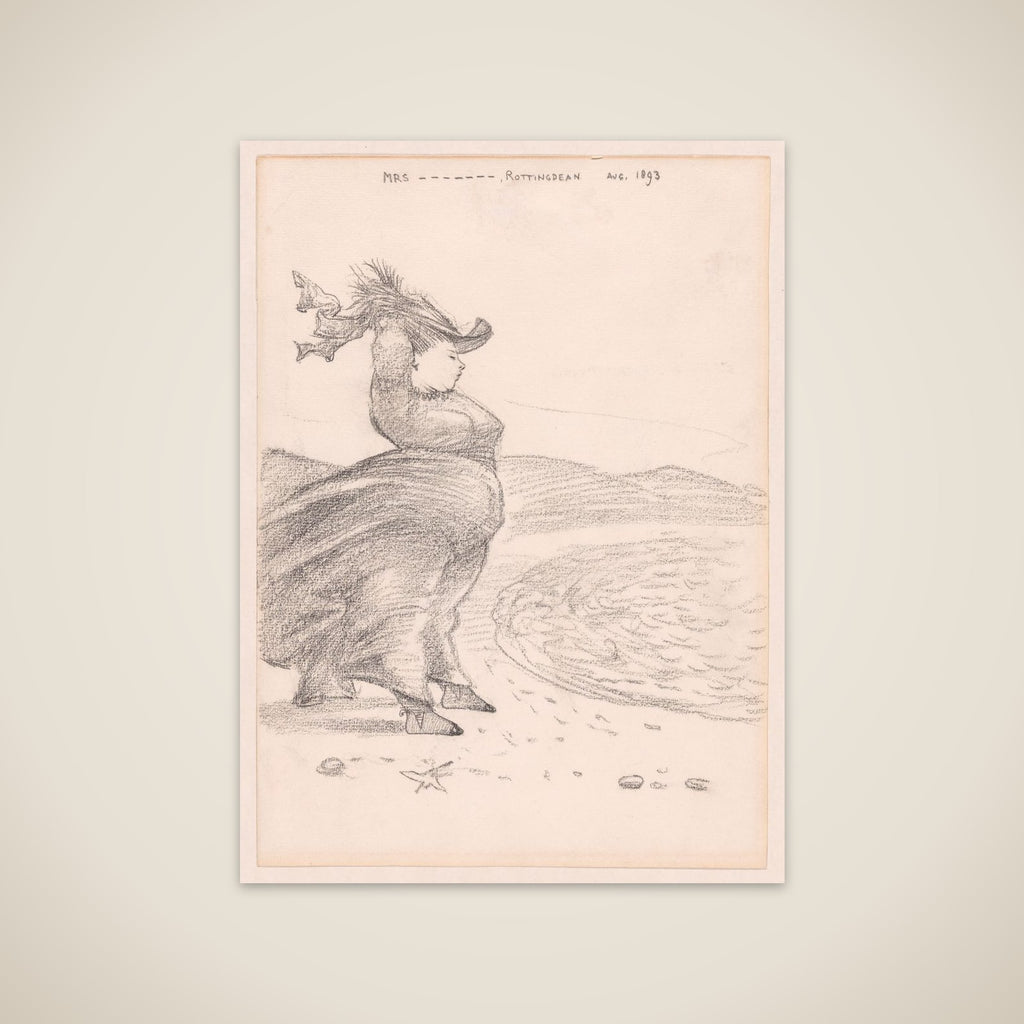 Caricature of a windblown woman on the beach at Rottingdean, Sussex unframed print