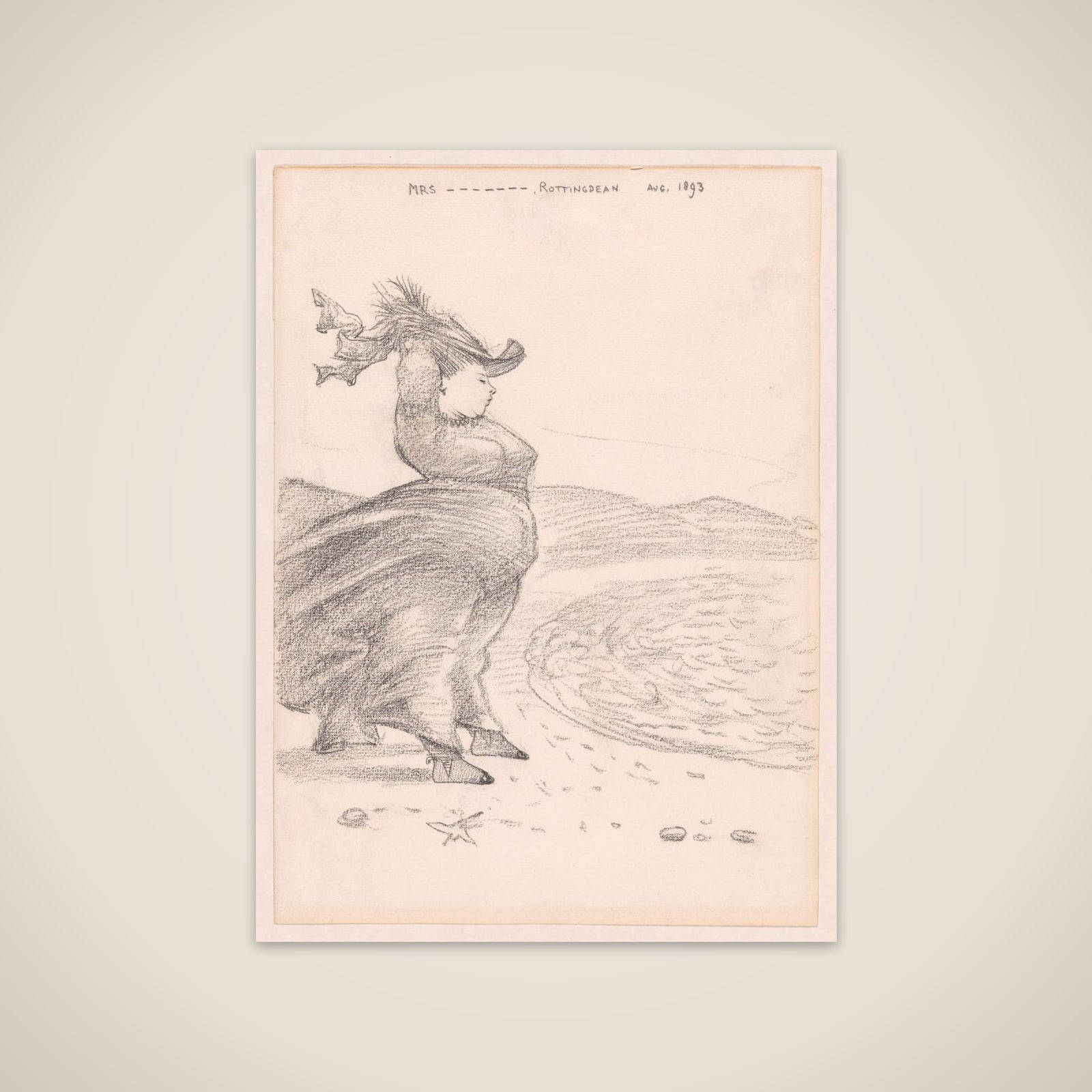 Caricature of a windblown woman on the beach at Rottingdean, Sussex unframed print