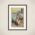 “‘A Boat Cast Adrift’ (Ukifune): Omatsu and Akabori Mizuemon,” from the series Scenes amid Genji Clouds Matched with Ukiyo-e Pictures (Genji-gumo ukiyo e-awase) framed