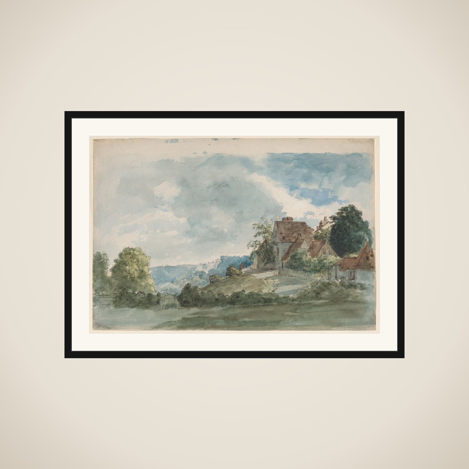 Cottages in an extensive landscape framed