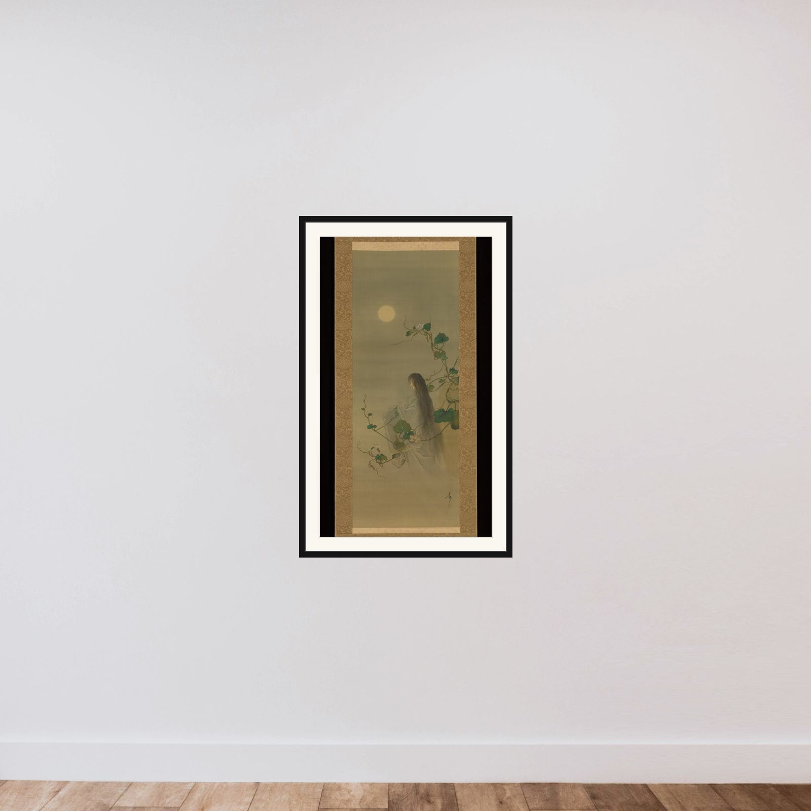 The Spirit of the Deceased Yūgao Entwined in Moonflower Vines, based on the print “The Lady of the Evening Faces,” from the series One Hundred Aspects of the Moon (Tsuki hyakushi: Genji Yūgao no maki) framed — shown to scale
