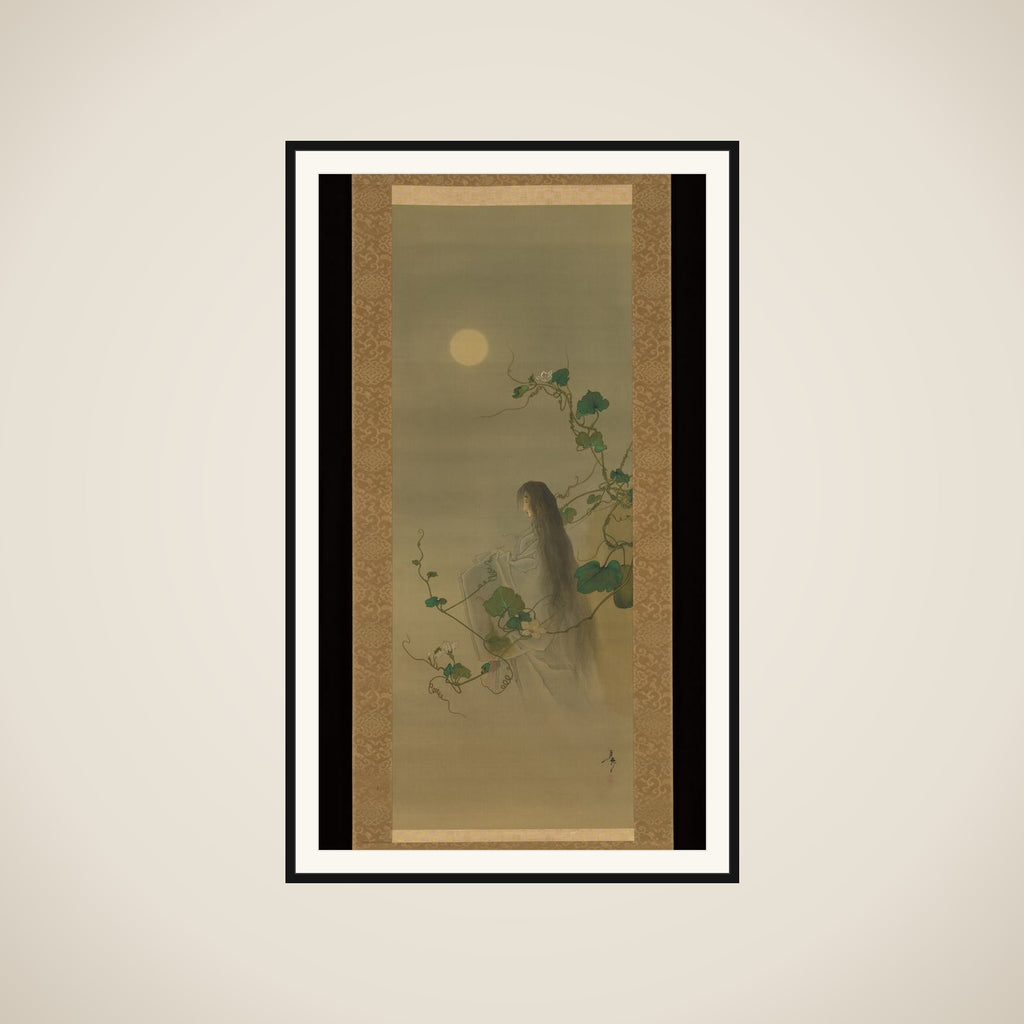 The Spirit of the Deceased Yūgao Entwined in Moonflower Vines, based on the print “The Lady of the Evening Faces,” from the series One Hundred Aspects of the Moon (Tsuki hyakushi: Genji Yūgao no maki) framed