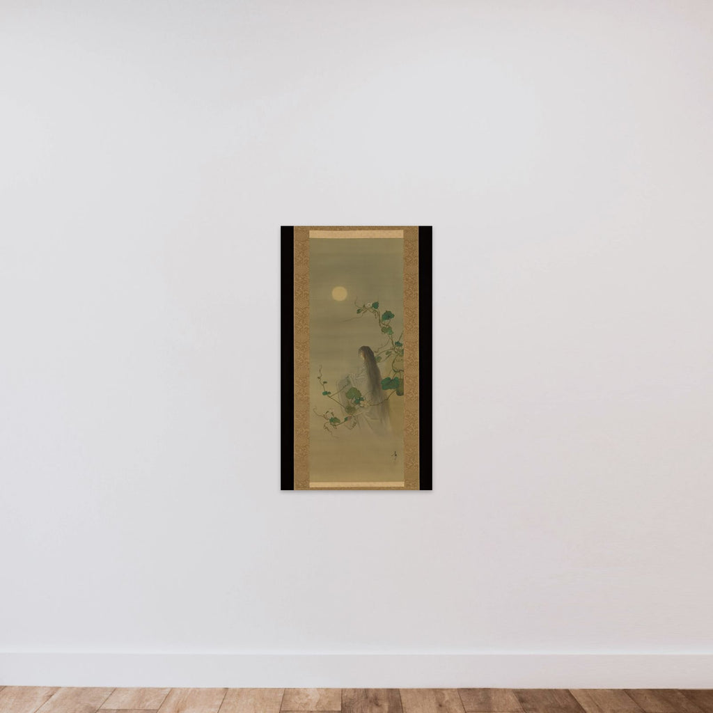 The Spirit of the Deceased Yūgao Entwined in Moonflower Vines, based on the print “The Lady of the Evening Faces,” from the series One Hundred Aspects of the Moon (Tsuki hyakushi: Genji Yūgao no maki) unframed — shown to scale
