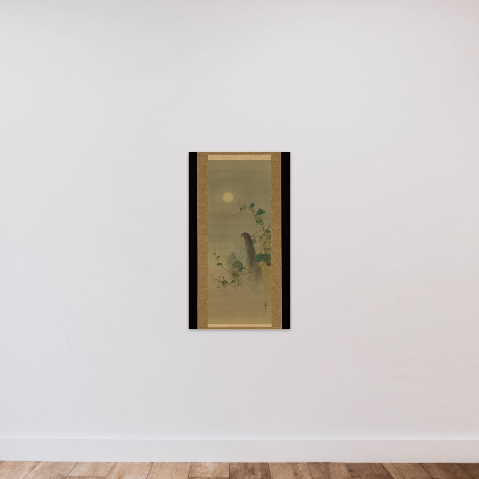 The Spirit of the Deceased Yūgao Entwined in Moonflower Vines, based on the print “The Lady of the Evening Faces,” from the series One Hundred Aspects of the Moon (Tsuki hyakushi: Genji Yūgao no maki) unframed — shown to scale