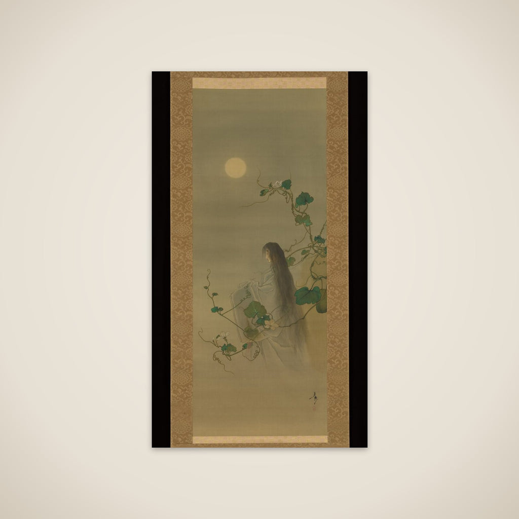 The Spirit of the Deceased Yūgao Entwined in Moonflower Vines, based on the print “The Lady of the Evening Faces,” from the series One Hundred Aspects of the Moon (Tsuki hyakushi: Genji Yūgao no maki) unframed print