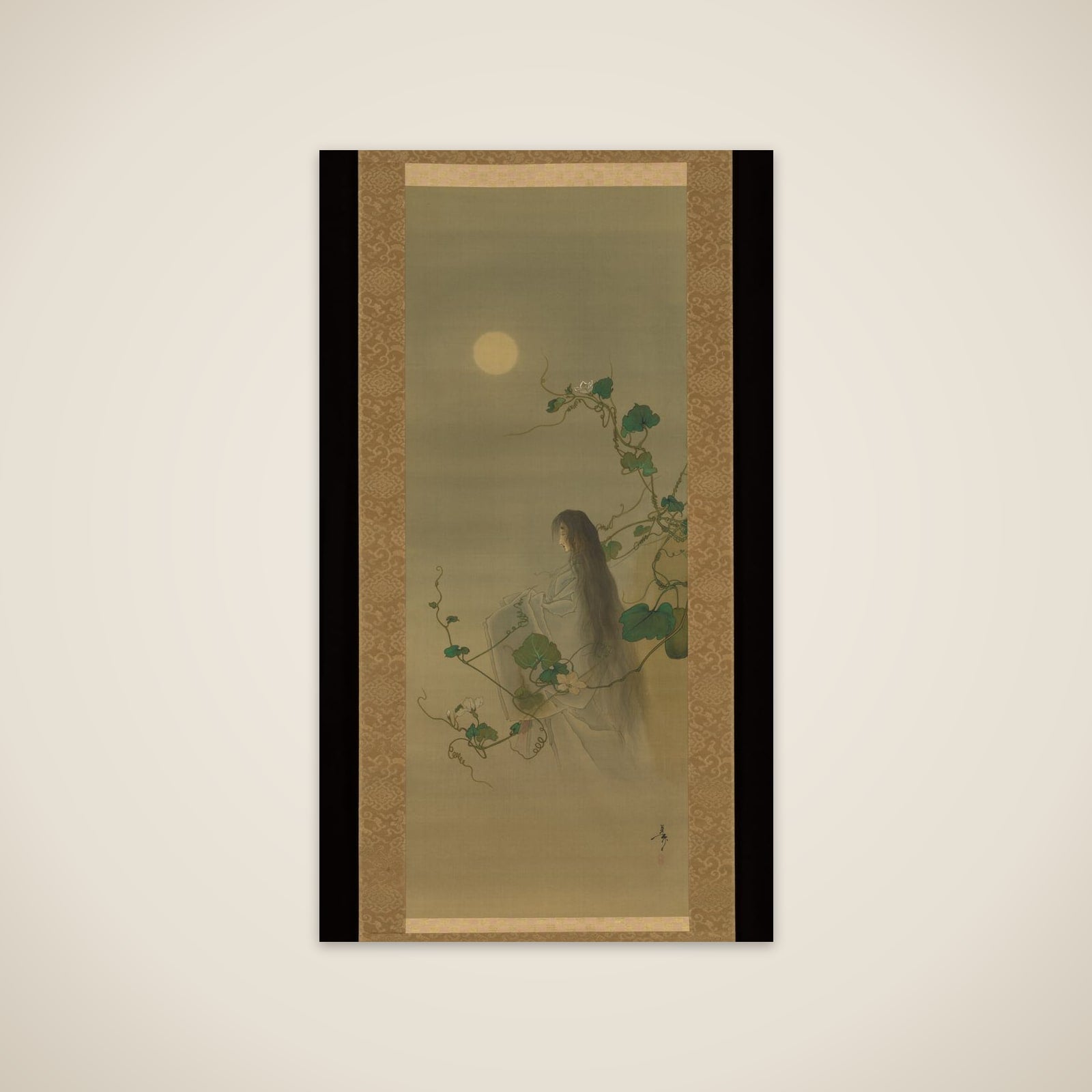 The Spirit of the Deceased Yūgao Entwined in Moonflower Vines, based on the print “The Lady of the Evening Faces,” from the series One Hundred Aspects of the Moon (Tsuki hyakushi: Genji Yūgao no maki) unframed print