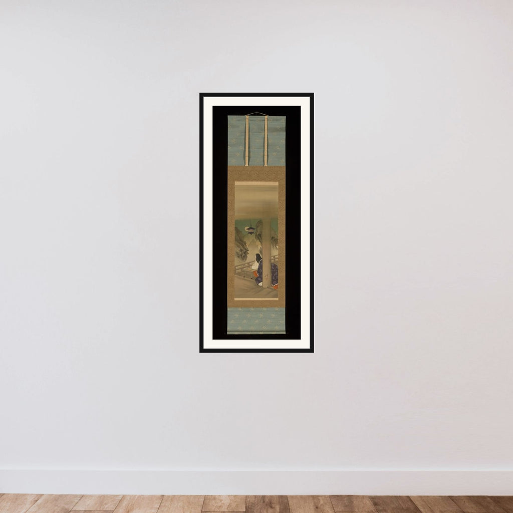 Murasaki Shikibu at Ishiyamadera Temple, based on the print “The Moon at Ishiyama,” from the series One Hundred Aspects of the Moon (Tsuki hyakushi: Ishiyama no tsuki) framed — shown to scale