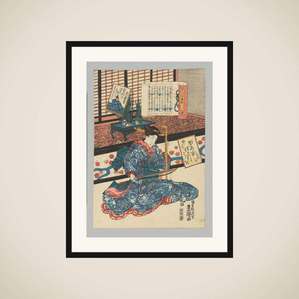 Mibu no Tadamine (no. 37), from the series A Pictorial Commentary on One Hundred Poems by One Hundred Poets (Hyakunin isshu eshō: Mibu no Tadamine) framed