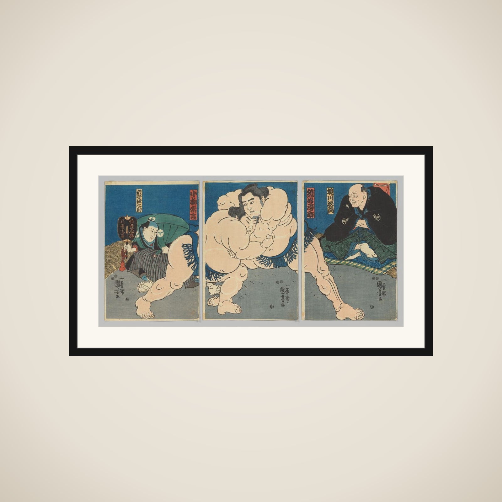 Sumo Wrestlers Kagamiiwa Hamanosuke and Koyanagi Tsunekichi, with Judge Sakaigawa Namiemon and Referee Shikimori Kiichirō framed