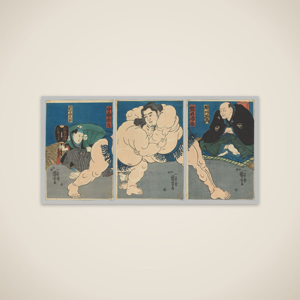 Sumo Wrestlers Kagamiiwa Hamanosuke and Koyanagi Tsunekichi, with Judge Sakaigawa Namiemon and Referee Shikimori Kiichirō unframed print
