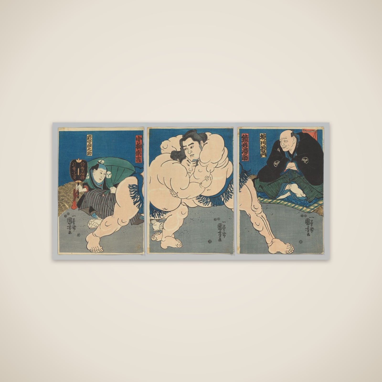 Sumo Wrestlers Kagamiiwa Hamanosuke and Koyanagi Tsunekichi, with Judge Sakaigawa Namiemon and Referee Shikimori Kiichirō unframed print