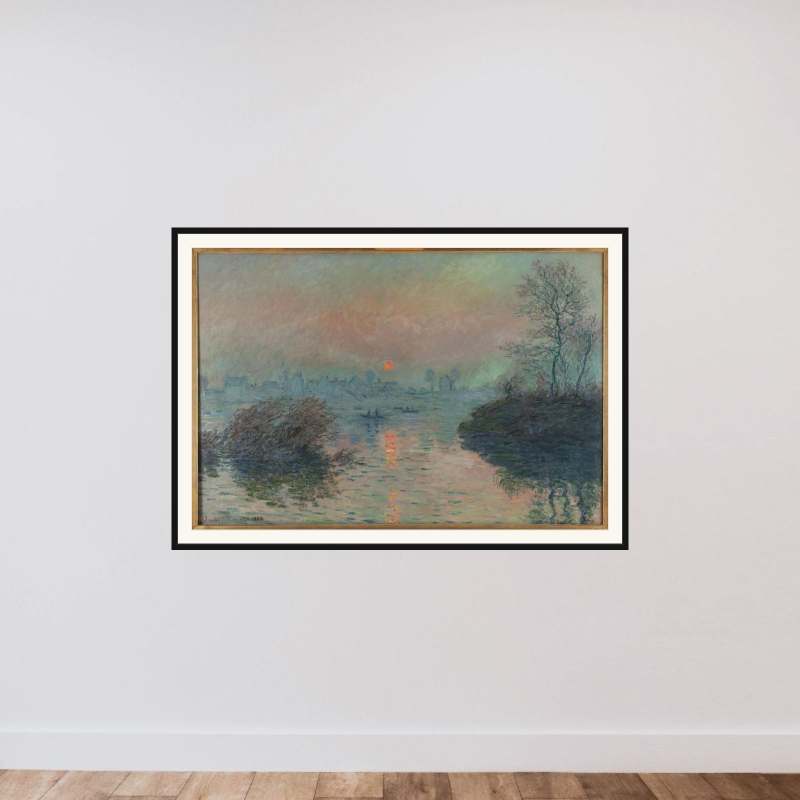 Soleil couchant sur la Seine à Lavacourt, effet d'hiver framed — shown to scale