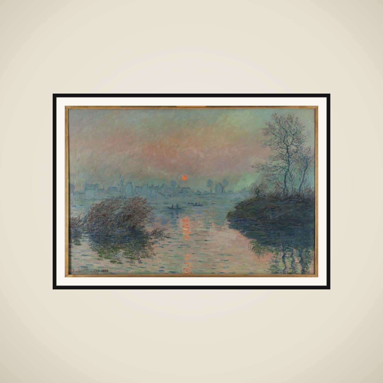 Soleil couchant sur la Seine à Lavacourt, effet d'hiver framed