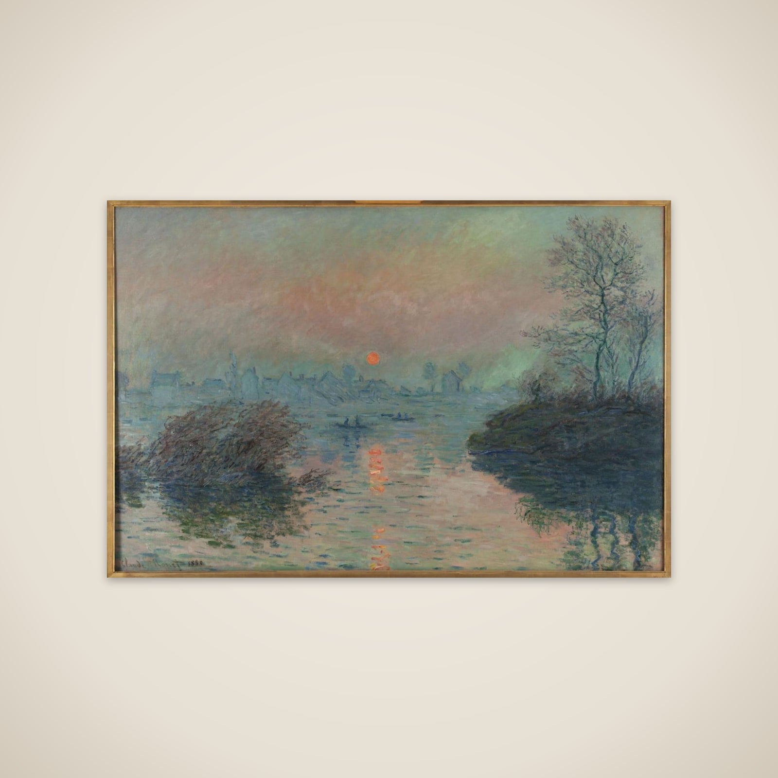 Soleil couchant sur la Seine à Lavacourt, effet d'hiver unframed print