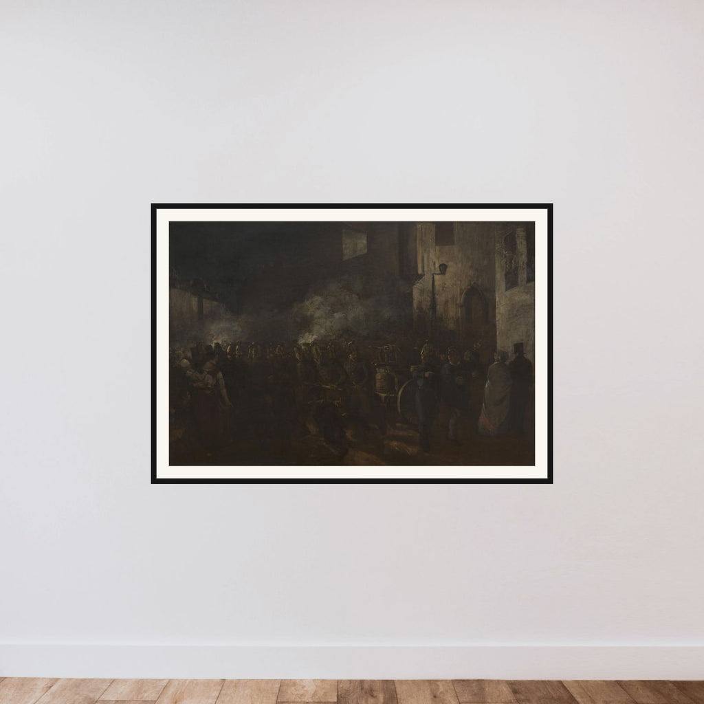 Pompiers courant à un incendie framed — shown to scale