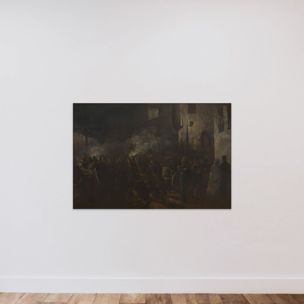 Pompiers courant à un incendie unframed — shown to scale