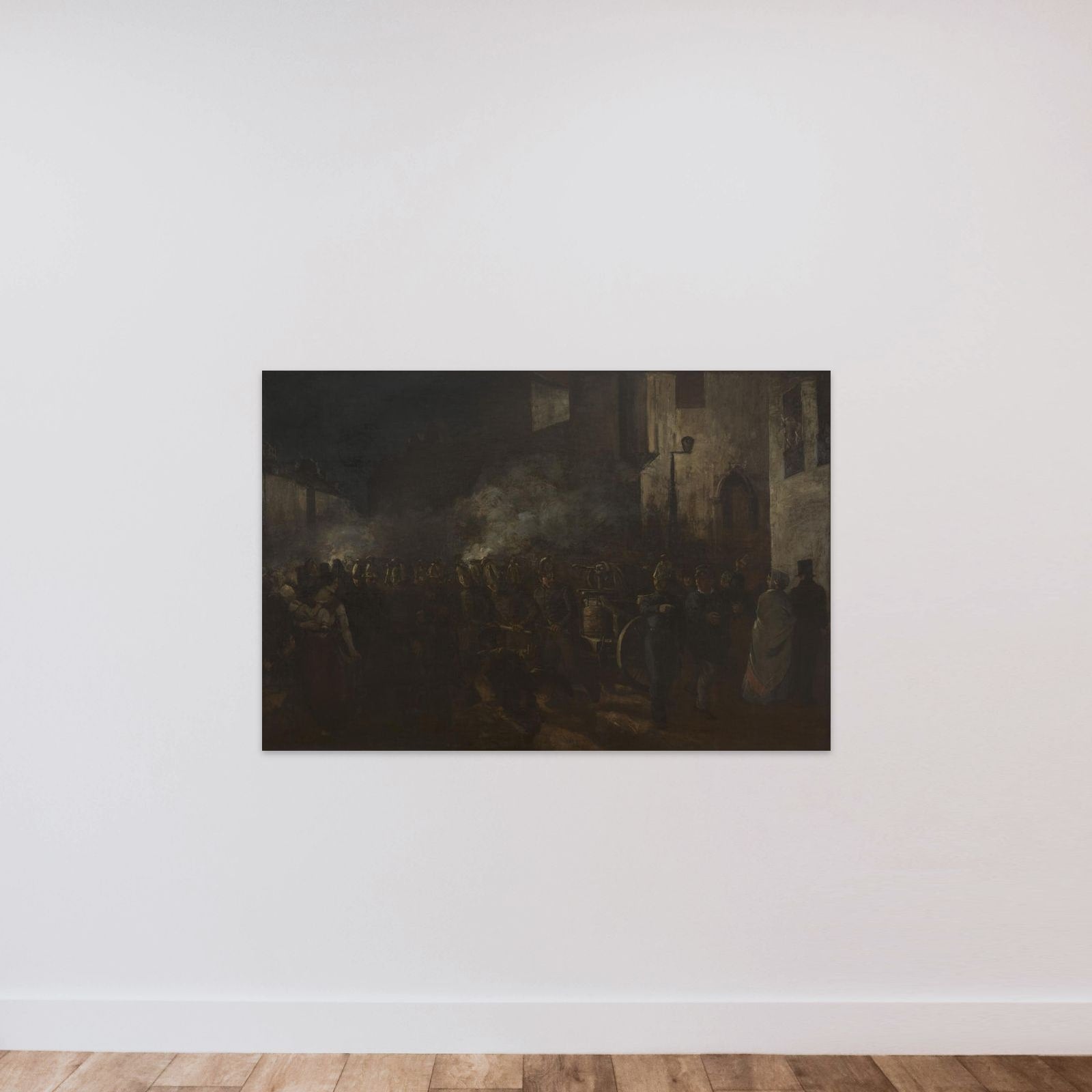 Pompiers courant à un incendie unframed — shown to scale