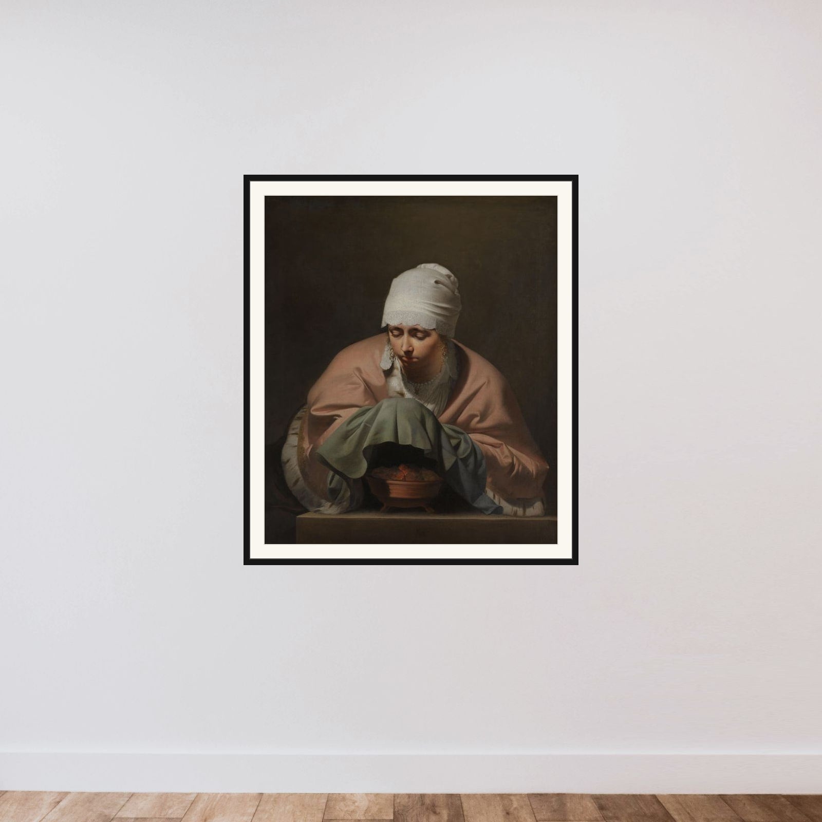 A Young Woman Warming her Hands over a Brazier: Allegory of Winter framed — shown to scale